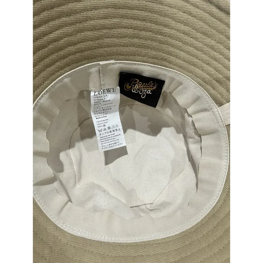 LOEWE Paula’s Ibiza Canvas Bucket Hat Beige Leather Logo Patch Made Italy